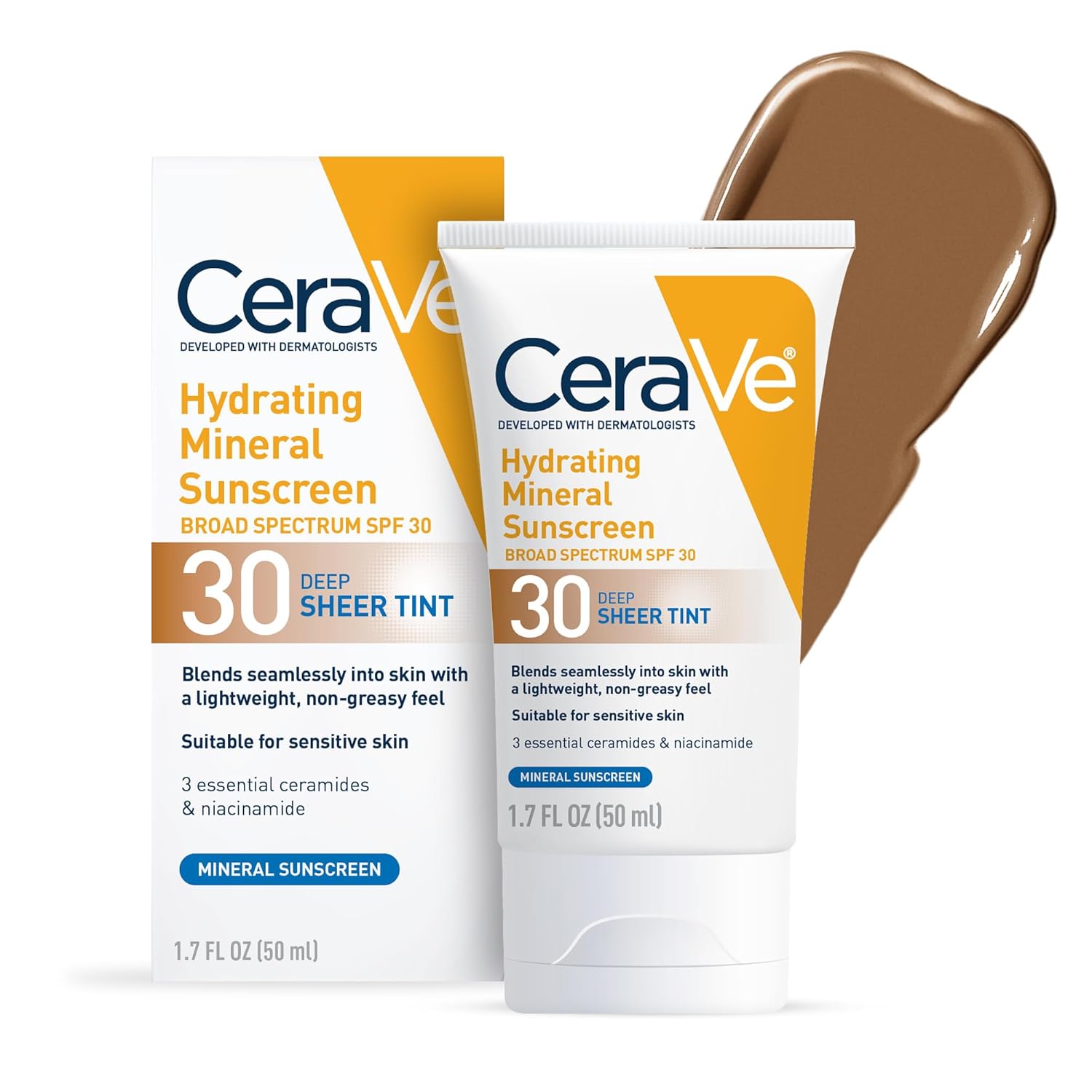 CeraVe Hydrating Mineral Sunscreen SPF 30 with Sheer Tint, Tinted Mineral Sunscreen with Zinc Oxide & Titanium Dioxide, Blends Seamlessly For Healthy Glow, 1.7 Fluid Ounce 24hrsmart